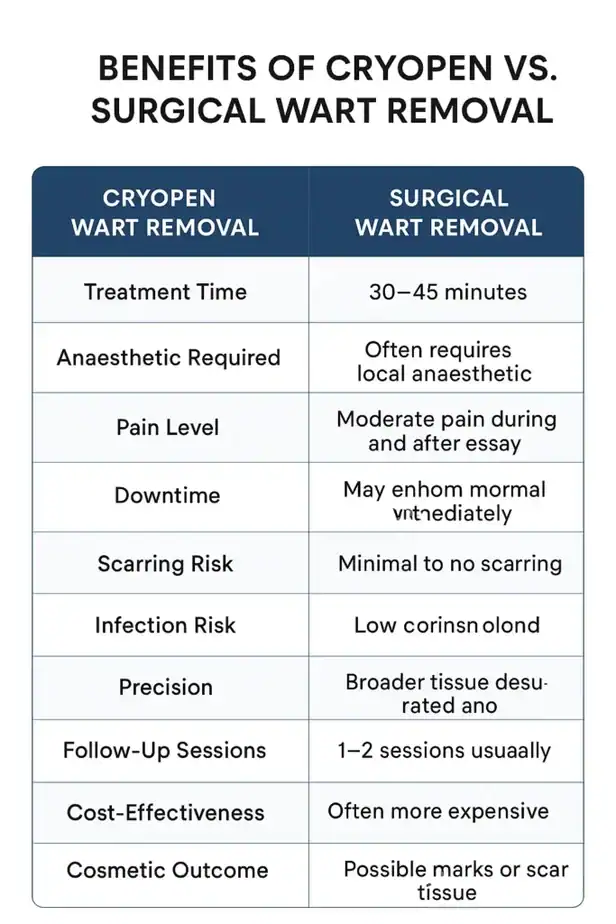 Table showing the benefits of cryopen to remove warts Thrapston compared to surgical treatment